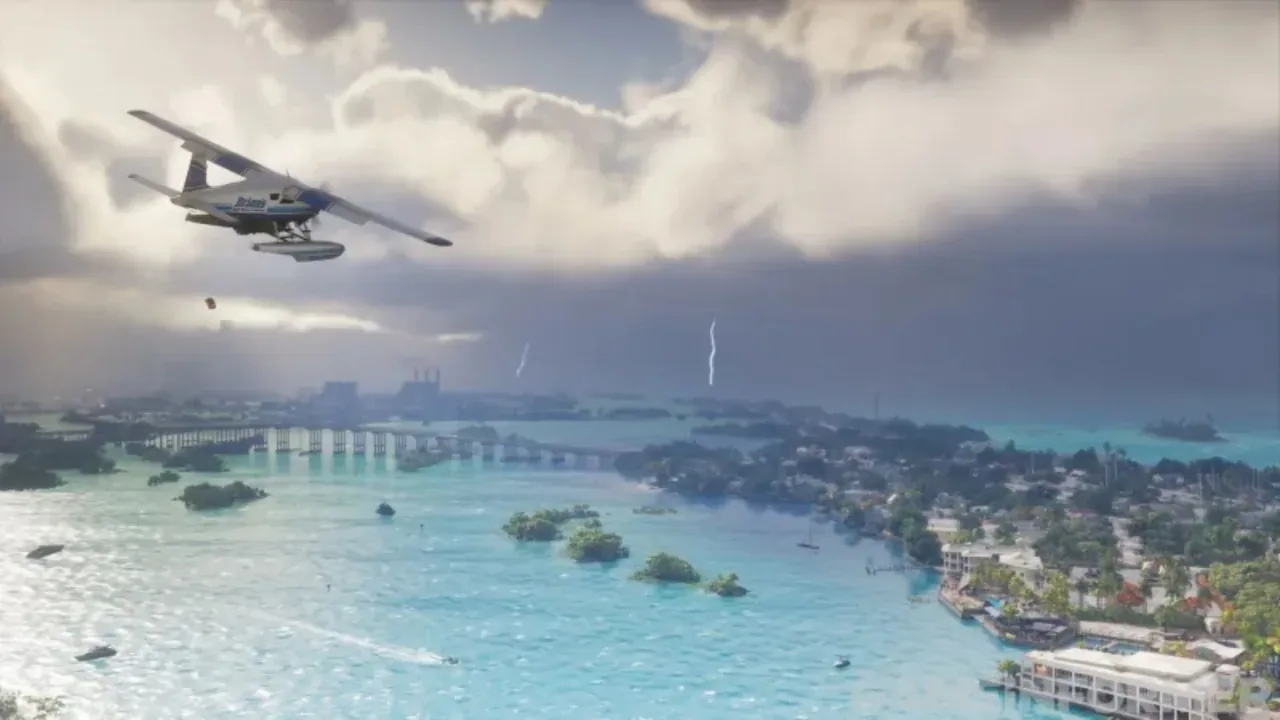 A seaplane over the Leonida Keys with a storm front and two lightning strikes on the horizon, from Game Informer issue 382