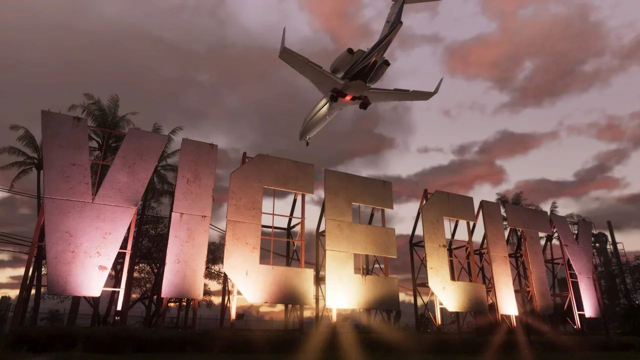 The completed "Welcome to Vice City" sign on the Kaseya Center roof on September 22, 2026 (photo: IGN)