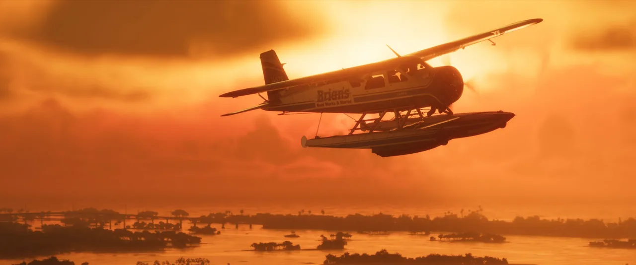La nouvelle capture publiée avec le trailer : un hydravion de la marina de Brian Heder au-dessus des Grassrivers au coucher du soleil (image : Rockstar Games, via RockstarINTEL)