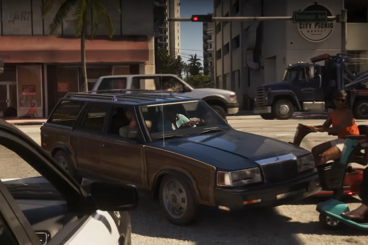 A wood-panelled Chrysler Lebaron Town & Country wagon blocks the police during the Extended Look chase, letting Jason and Lucia get away (credit: Rockstar Games / L'argus)