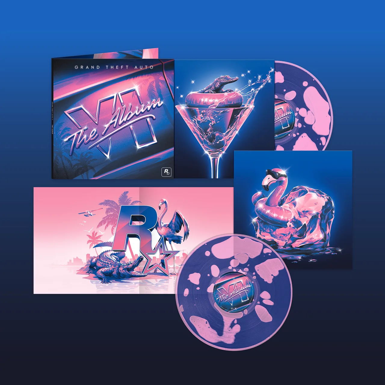 The limited-edition pressing: two transparent magenta discs filled with blue liquid